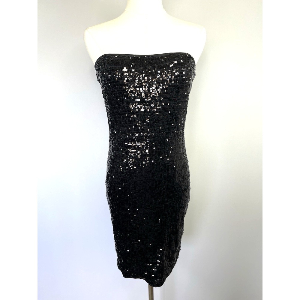 Haute Monde Womens Strapless Bodycon Sequin Mini Dress M Black Cocktail Party